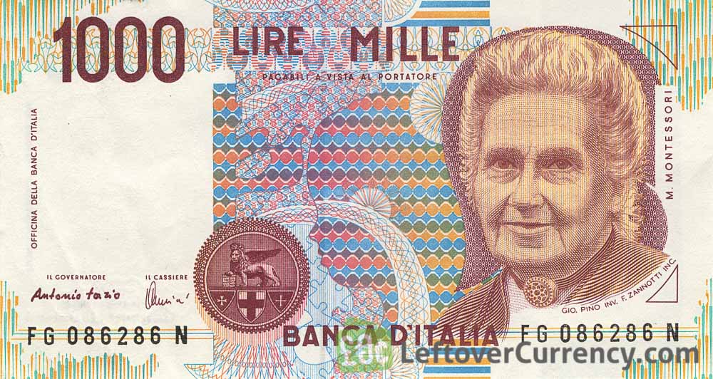 Italian 1,000 lire banknote featuring Maria Montessori