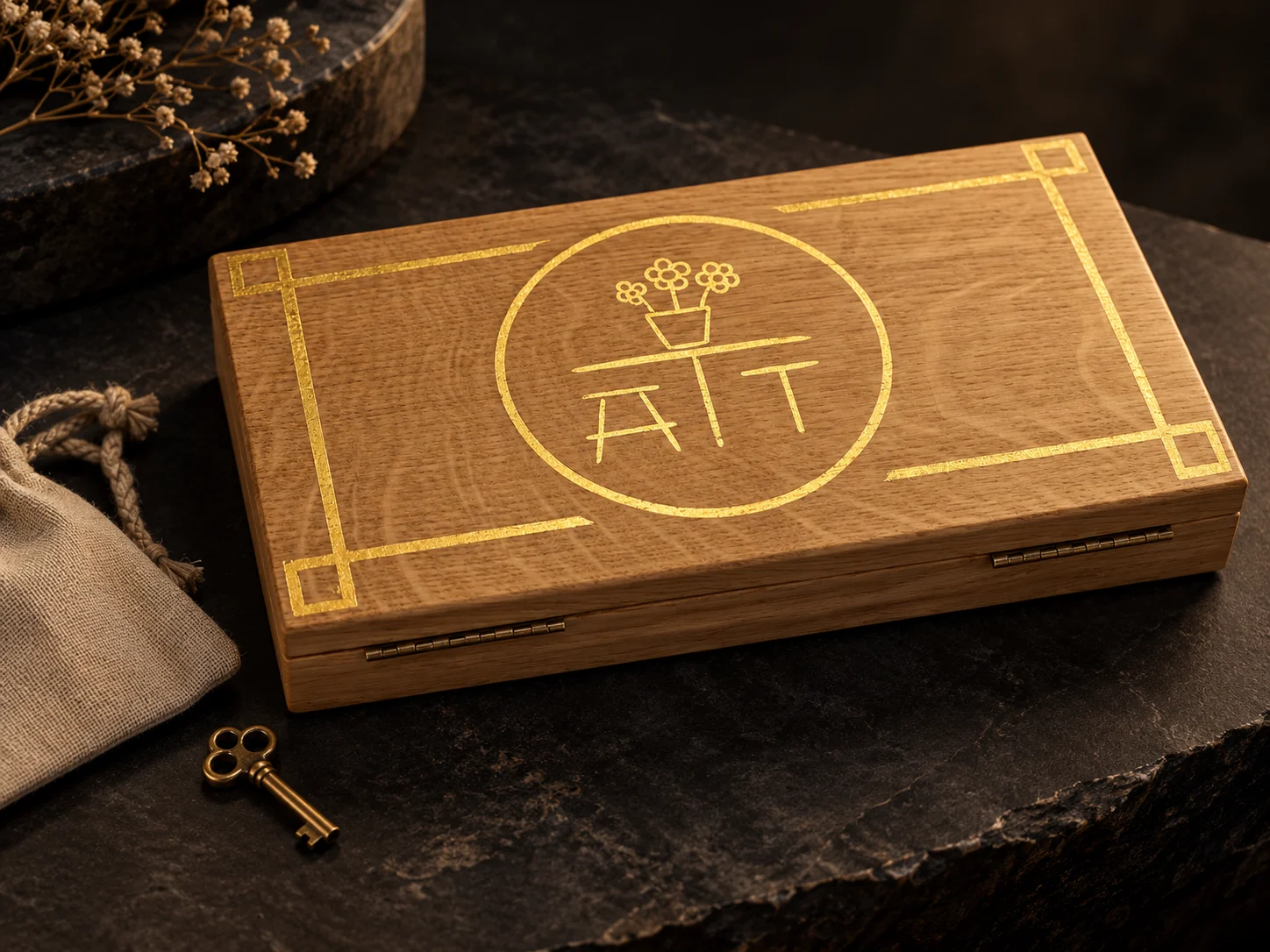 AT THE TABLE handcrafted wooden box with a gold table-and-flowers monogram, photographed on a dark stone surface